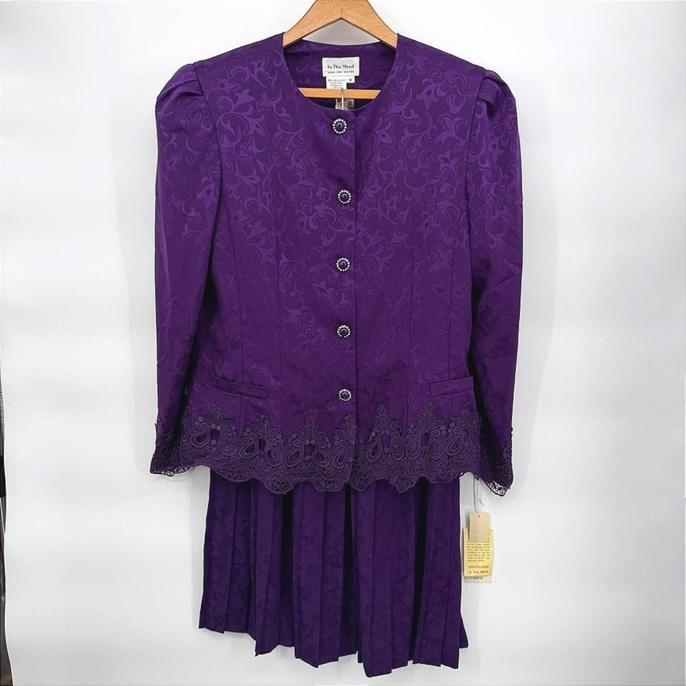 In The Mood Skirt Suit SET Purple Jacquard Lace Trim VTG 2 Piece NEW Size 14**